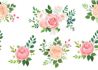 Elegant Pink Rose and Eucalyptus Vector Collection seamless pattern