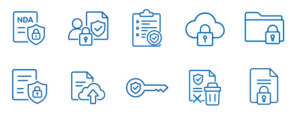 Data and Documents Icon Set in blue outline style for digital security  