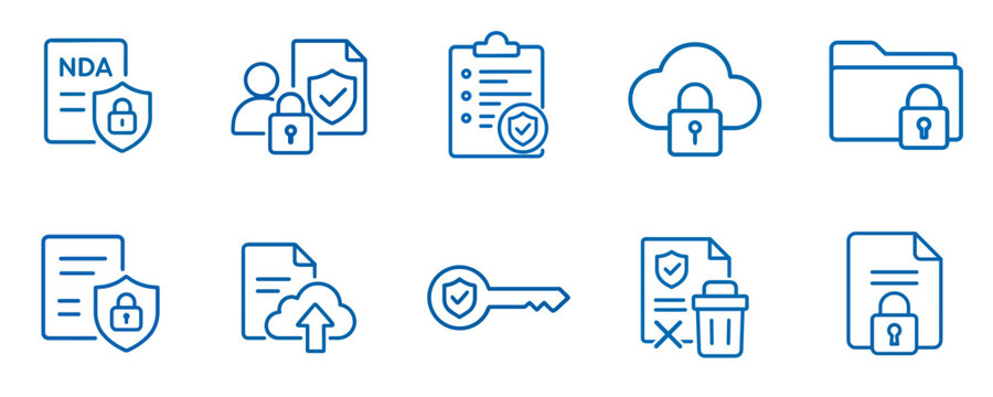 Data and Documents Icon Set in blue outline style for digital security  