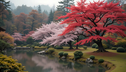 Vibrant Autumn Japanese Garden with Red Maple and Pink Cherry Trees