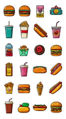 Fast food set of individual icons on a white background, hand drawn design elements