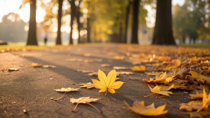 Autumnal scene featuring fallen leaves on a path with trees in the background during the golden hour