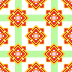 Repeating pattern of geometric floral motifs in red and yellow on a white background with light green stripes