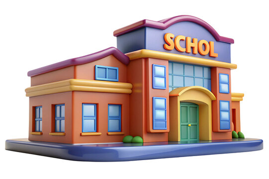 Cartoon 3d school building with schol sign isolated on transparent background