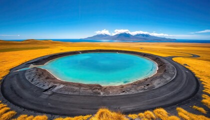 Surreal volcanic oasis with a glowing turquoise lake in a black crater, surrounded by golden fields and distant mountains – AI Generated Digital Art