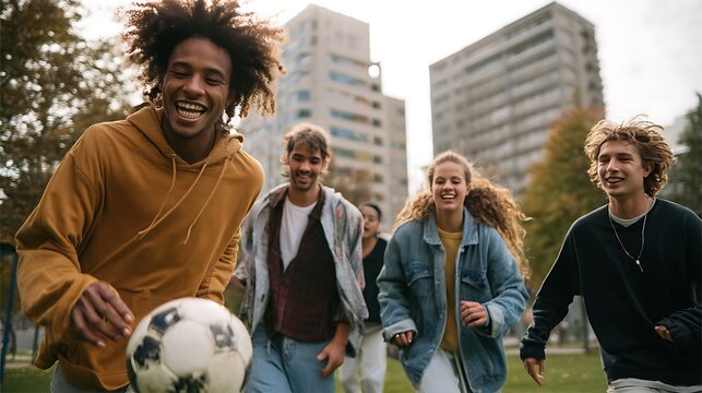 a real diverse group of young people playing soccer in a city park, laughing and enjoying teamwork, multicultural unity, photorealistic  - Powered by Adobe