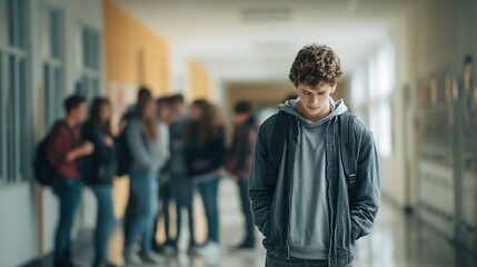 a real teenage boy standing alone in a school hallway while other students laugh and point, feeling bullied and excluded, social issue, photorealistic 