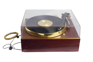 a record player with a gold plated record on a wooden base
