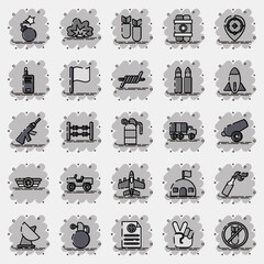 Icon set of war. Military and war elements. Icon in comic style.