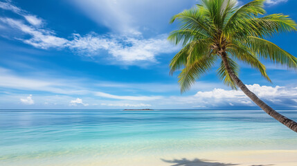 Fototapeta premium Blue sky over calm sea. Blue sea and sunny sky on horizon over calm water