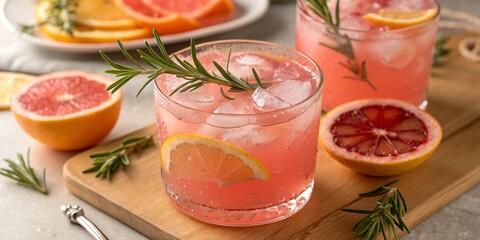 Pink Citrus Summer Mocktail with Ice and Rosemary
