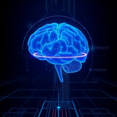 A glowing blue brain with a ring around it and digital lines on a dark blue background image