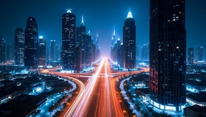 Fototapeta premium Illuminated Cityscape at Night: Aerial View of Traffic and Skyscrapers