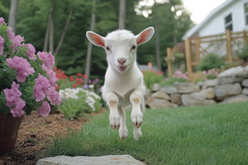 Fototapeta premium Goat standing on two legs in a garden during daylight