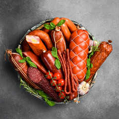 Set of different types of smoked salami and sausages in a wooden box. Close-up.