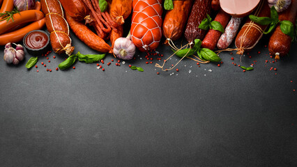 Various kind types of salami and sausages on a dark table. Free space for text.