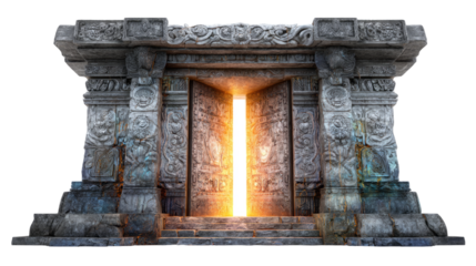 Open stone temple double doors, ancient carvings glowing with light, isolated on white