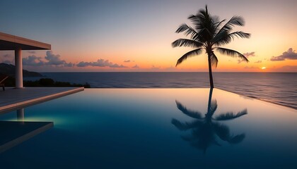 Drone view of a luxurious infinity pool overlooking a calm ocean at sunset, with a single palm tree reflected in the water.