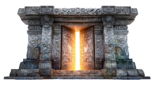 Open stone temple double doors, ancient carvings glowing with light, isolated on white