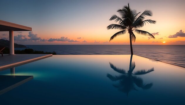 Drone view of a luxurious infinity pool overlooking a calm ocean at sunset, with a single palm tree reflected in the water.