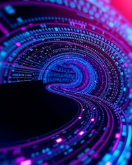 Futuristic digital stream displaying data transfer through a neon circuit tunnel with intricate binary code flowing through the electric path.