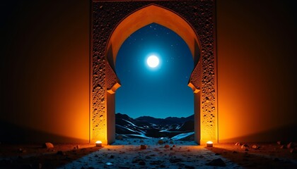 Illuminated Moorish Archway Under a Full Moon