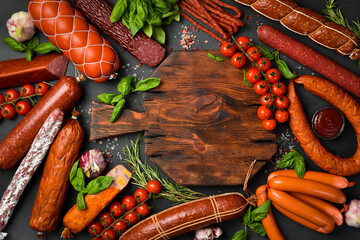 Assortment of sausages and salami on a table with a cutting board. Top view. Free space for text or...