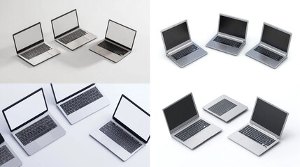 Four squares show three gray laptops angled on a white surface, screen turned on