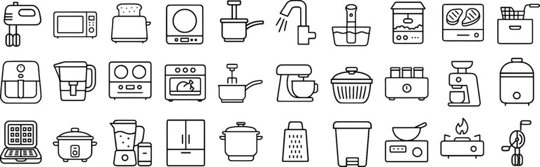 Kitchen Appliance Stroke Icon Collection Containing Blender, Toaster, Coffee Maker, Mixer, and more icons. Editable Stroke Icon Collection Outline Icon.