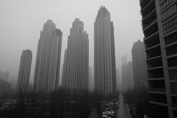Fototapeta premium High-rise buildings under construction in misty urban setting
