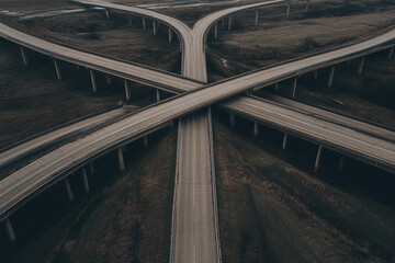Aerial view of a busy, complex highway interchange
