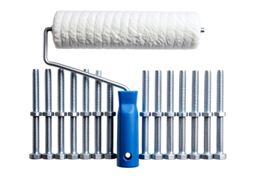 Minimal Paint Roller and Aligned Bolts in Flat-Lay Style, PNG Transparent Background