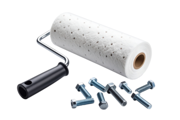Paint Roller with Scattered Steel Bolts on Surface, Isolated on Transparent Background
