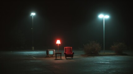 Empty parking lot at night, vintage furniture, misty atmosphere