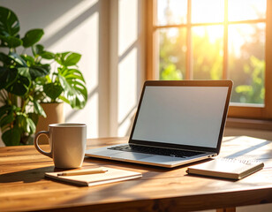 Fototapeta premium Laptop on a wooden desk with a coffee mug, notebook, and a plant near a window with sunlight.