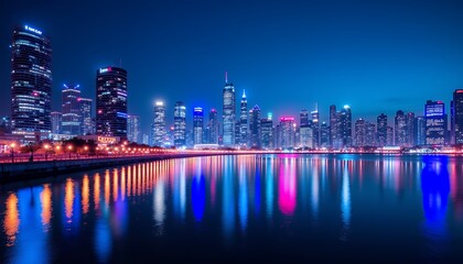 Fototapeta premium Luminous Cityscape at Night: Colorful Skyscrapers Reflected in Water