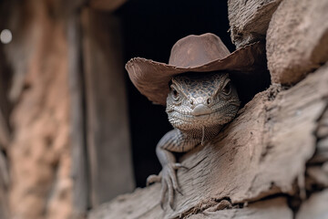 Obraz premium Iguana wearing a tiny cowboy hat in rustic setting