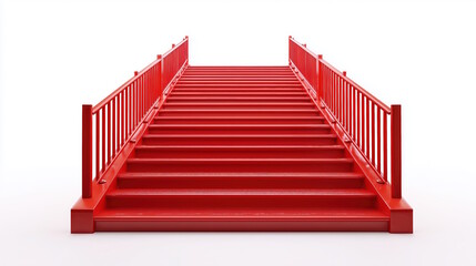 business, Symmetrical red staircase with railings, ascending upwards, against a clean white background.