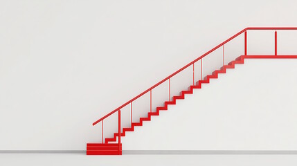 business, Bright red staircase with railings, ascending against a clean white background, with copy space.