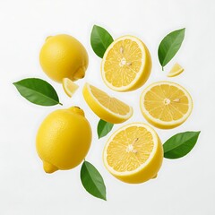 Yellow citrus fruit with green leaves lemons slices