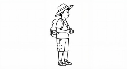 Fototapeta premium Young boy exploring nature with backpack and camera in summer 