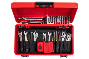 Top View of Open Toolbox with Neatly Arranged Tools, PNG Transparent Background