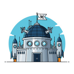 Cartoon illustration of a futuristic space station with rockets, satellite dishes, and a flag with an atom symbol.