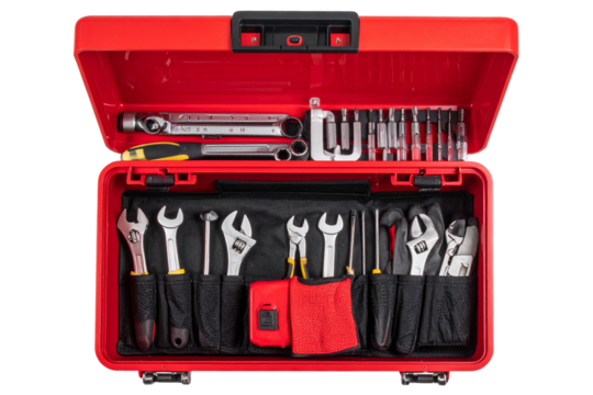 Top View of Open Toolbox with Neatly Arranged Tools, PNG Transparent Background