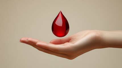 Fototapeta premium World-transparent red drop of liquid in the hands on a white background with the text WORLD Blood Donor Day. World Blood Donor Day poster design template