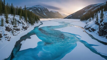 Aerial view of turquoise river flowing through a snowy landscape with mountains in the distance