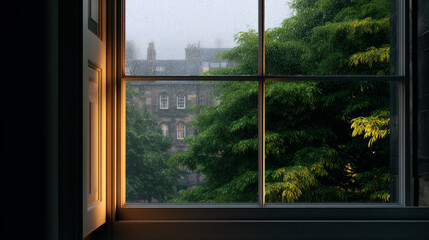 Naklejka premium Rainy Night Vista Through Highrise Window Over Lush Summer City 