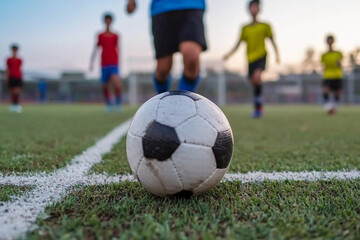Fototapeta premium Kids engage in lively soccer match in local neighborhood park