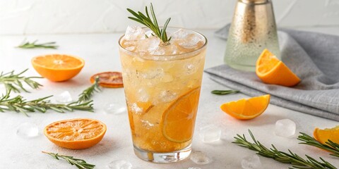 orangecitrus summer mocktail with ice and rosemary