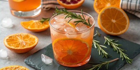 orangecitrus summer mocktail with ice and rosemary